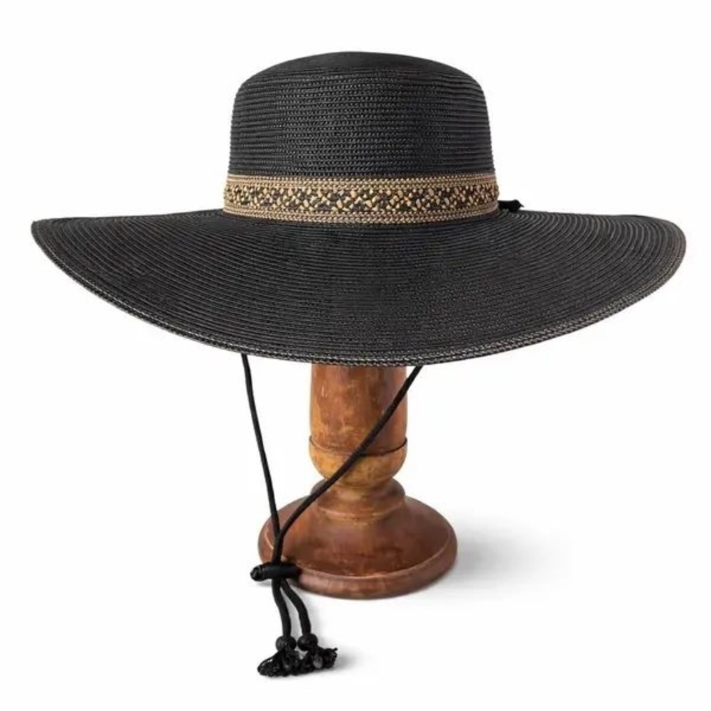 Kallina Sun Hat Black Wide Brim Woven Butterfly Accent Resort Beachwear Travel